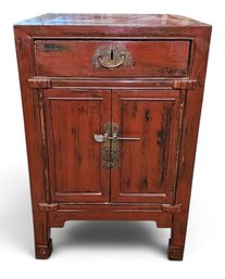 Antique Chinese Red Lacquered Wood Bedside Table / Side Cabinet