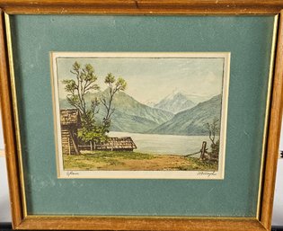 Signed Ludwig Burgel Etching - Country Mountain Scene