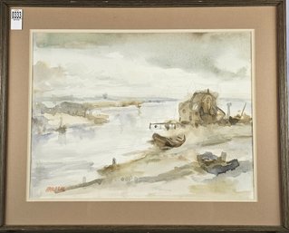 Signed Brock Watercolor - Waterfront Scene