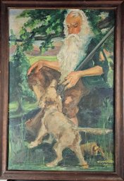 Signed Tinurelli 1946 Oil On Layed Canvas - Old Man With Dog