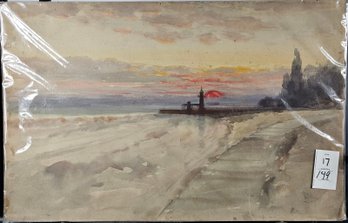 Unframed Signed 'illegible' Watercolor - Lighthouse On The Coast
