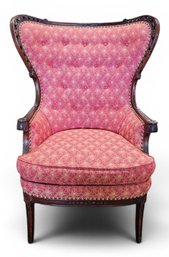 Beautiful / Clean Upholstered Antique Carved Wood Wing Chair