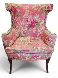 Clean Antique Floral Upholstered Studded Wing Chair