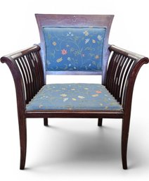 Antique Wood Armchair With Mother Of Pearl Inlay And Blue Floral Upholstery