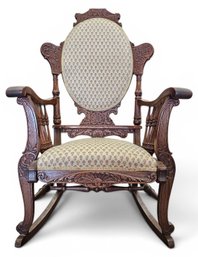 Gorgeous Antique Victorian Carved Wood Rocking Chair With Clean Upholstery