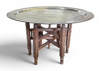 Vintage Moroccan Style Brass Tray Table Top With Carved Wood Fold Up Base