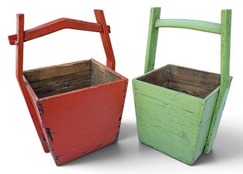 Pair Of Painted / Distressed Wood Planter Baskets