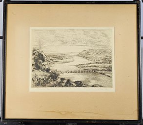 Signed J.W Taylor 1939 Etching - Trempealeau Dam