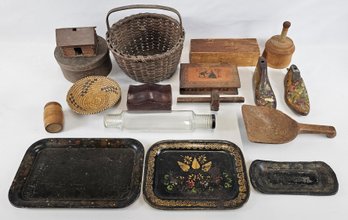 Antique Primitive Lot - Baskets, Boxes, Tole Trays, Hand Painted Shoe Molds And More!
