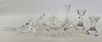 Lot Of Clear Crystal Bird Figurines, Dish, Candlesticks - Baccarat, Villeroy Boch, Illegible Signature