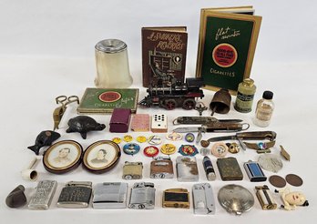 Box Lot Of Vintage Cigarette Lighters, Tins, Pins, Scout Knives, Windup Train, Misc