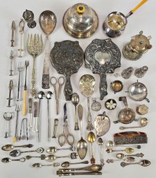 Box Lot Vintage / Antique Silverplate Mirrors, Spoons, Forks, Trinkets