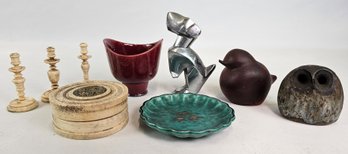 Box Lot Chrome Terrier, Dishes, Miniature Bone Candlesticks / Trinket Box, Stoneware Owl, Wood Bird