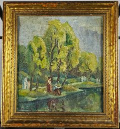 Signed Oil On Burlap Impressionist Style - Recreational Landscape
