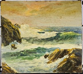 Signed J. Mirsky 1976 Oil On Masonite - Waves On A Rocky Coast