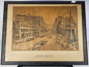 Signed Carl Brandien 1932 Charcoal On Paper - Broadway Tarrytown NY