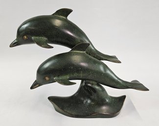 Vintage Patinated Bronze Dolphins Statue
