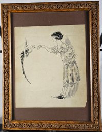 Vintage India Ink Illustration - Woman With Parrot