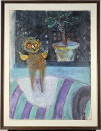 Signed Basso 1981 Pastel On Paper -surreal Bird By Window