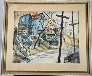 Signed Baum Watercolor - Street Scene
