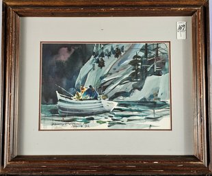 Illegible Signature 1992 Watercolor - Fishing Scene
