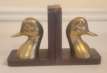 Pair Of Brass And Wooden Duck Head Bookends