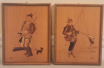 Two Scenic Marquetry Inlaid Game Related Wall Plaques Signd B G