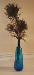 Quilted Teal Blue Bottle With Peacock Feathers