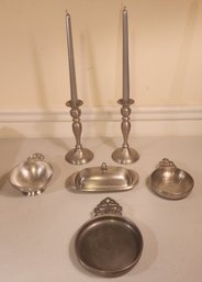 Three Pewter Porringers , A Pair Of Candlesticks And Covered Butter Dish