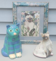 Mann Porcelain Cat Music Box, Stillbank And Framed Needle Point Of  Cat