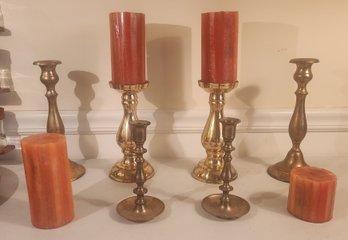 Three Pairs Of Brass Candlesticks  With Cinnamon Scented Candles