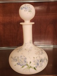 Hand Blown Milk Glass Decantet With Floral Decoratipn