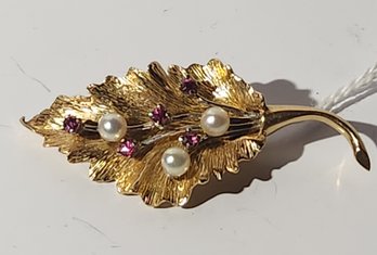 14 Karat Gold Leaf Pin With Pearls And Rubies (10.7 Grams)