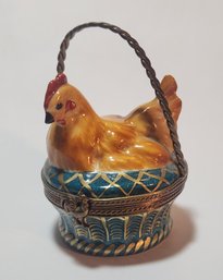 Hand Painted Limoges Porcelain Hen In Basket Keepsake Box