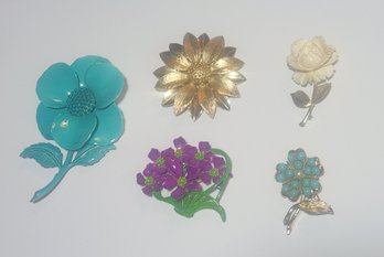 Five Vintage Flower Pins