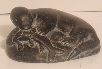 Inuit Canadian Eskimo Hardstone Carving Of Seal With Fish
