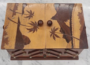 Three Tiered And Tropical  Inlaid Jewelry Box