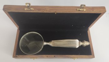 Silver Platef Magnifying Glass In Exotic Wooden Box