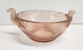 Pink Glass Bowl With Bird Handles
