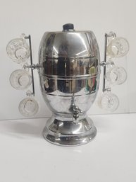 Art Deco Chrome Keg Form Liquer Decanter With Six Shot Glasses