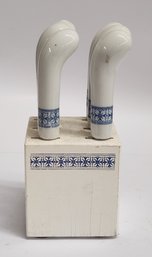 Block Of Six Cheese / Butter  Knives With Porcelain Handles