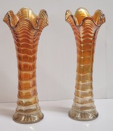 Pair Of Draped Marigold Carnival Glass Vases Vases