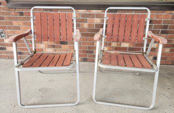 Pair Of Vintage Folding Aluminum And Redwood Patio Chairs