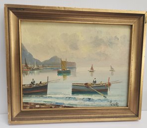 Oil On Canvas Of Fishing Boats At Shoreline Signed Petrilli
