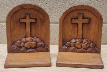 Folk Art Carved Wood And Copper Bookends With Cross Set In Stone