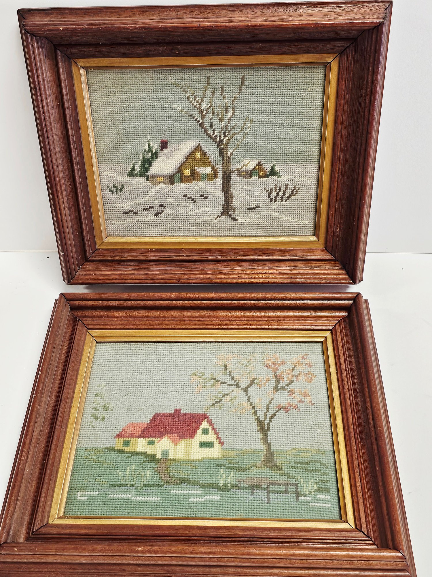Pair Of Needlepoint Homes In Deep Set, Walnut Frames #3533 ...