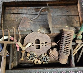 Old Garden Tool Box With Interesting, Metal  Items