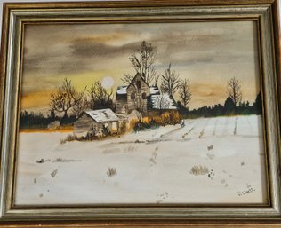 Rustic Farmhouse Watercolor Original Signed, D. Worth