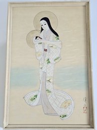 Japanese Painting On Silk Of Madonna And Child - Signed On Bottom Right