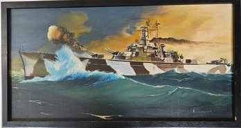 Large, Oil On Board Of A WW2 Battleship Firing - Signed, K. Donovan